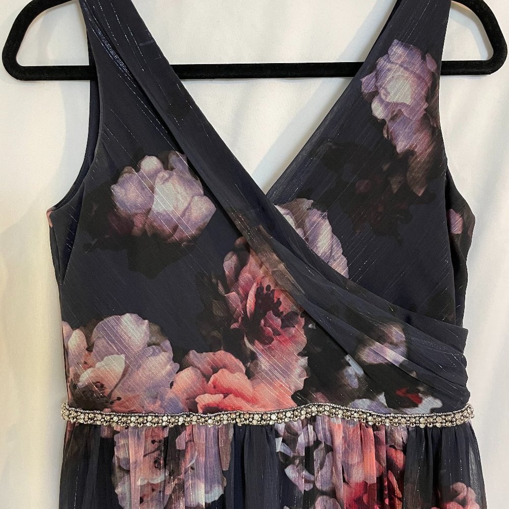 SLNY Plum Purple Floral Shimmer Maxi Long Dress with Beaded Belt Women Small S 4